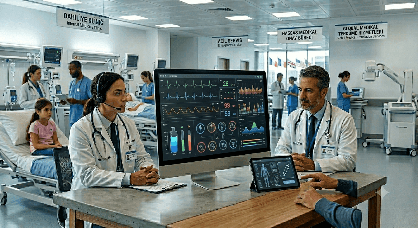 Hastane ortamında yabancı hastalar ve doktorlar arasında tıbbi çeviri ve medikal veri akışını gösteren dijital ekranlı profesyonel sağlık merkezi görseli.