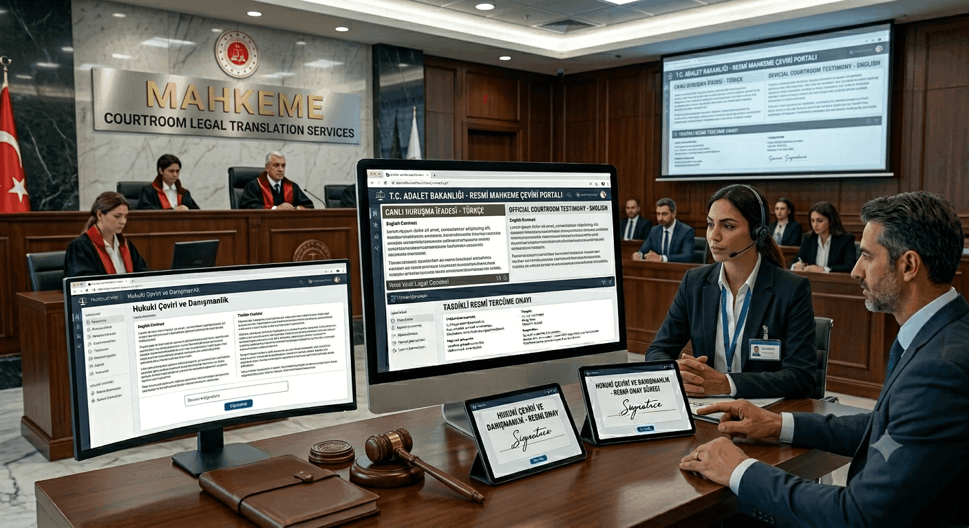 Mahkeme salonunda resmi hukuki ve adli çeviri hizmeti görselleri.