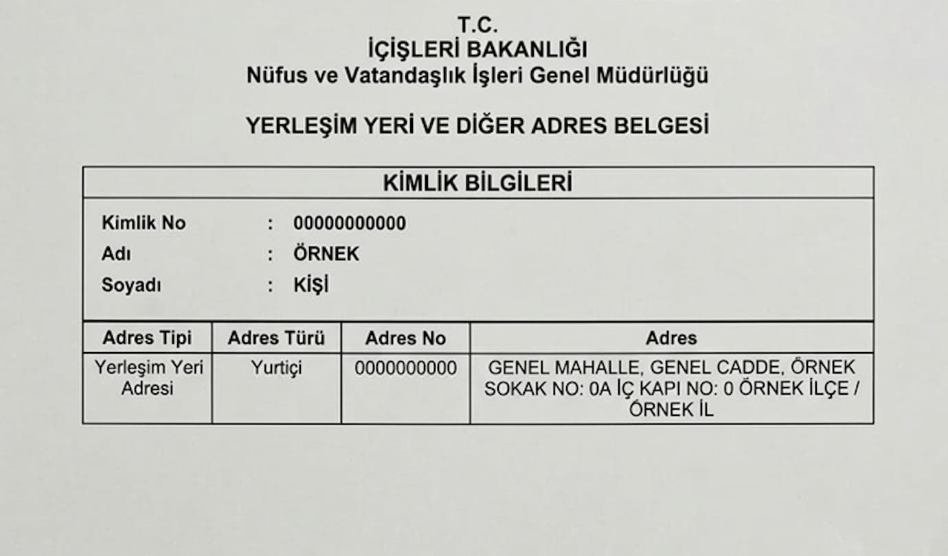e-Devlet kapısı üzerinden alınan ikamet belgesi örneği
